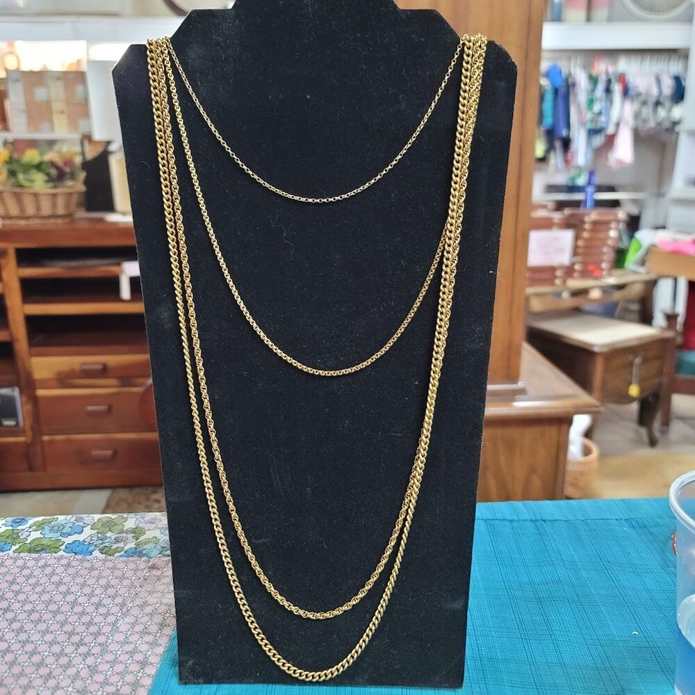 Vintage Costume Jewelry Layered Goldtone Chain Multi Strand Necklace Flower 17"